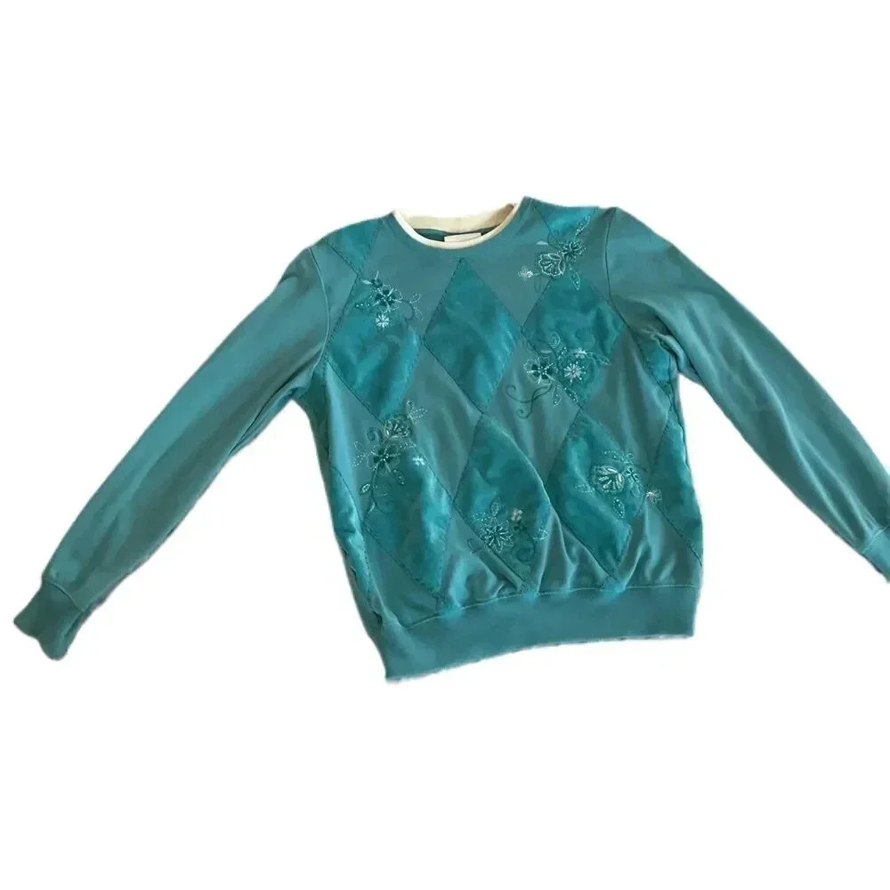 Alfred Dunner Turquoise  Corduroy Embroidered Pullover Sweater Womens‎ Small
